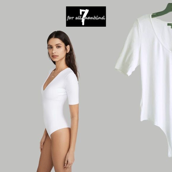7 FOR ALL MANKIND NEW Preppy Ribbed V-Neck Elbow Sleeve Thong Bodysuit Top - Picture 6 of 11